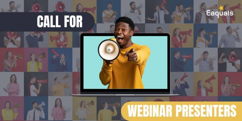 Man with megaphone in a banner for Eaquals Webinar Series